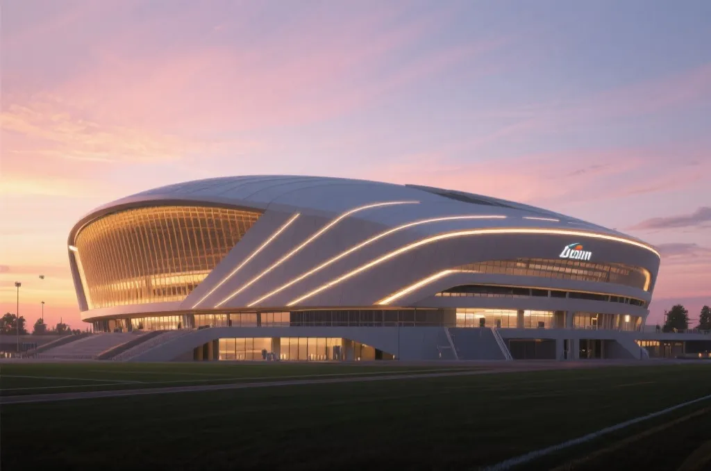 A grand modern sports stadium exterior at sunset, glowing architectural lines, generic design with no logos, architectural visualization