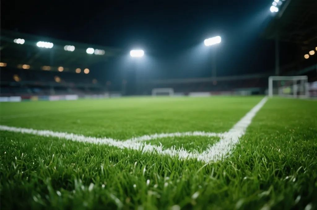 A pristine green football pitch with white chalk lines under bright stadium lights, close-up details of grass blades, evening cinematic lighting