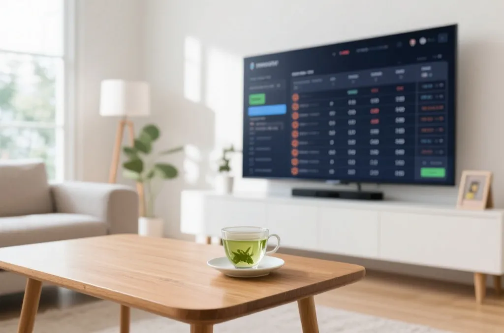 Cozy modern living room during daytime with a smart TV screen displaying a generic sports schedule interface